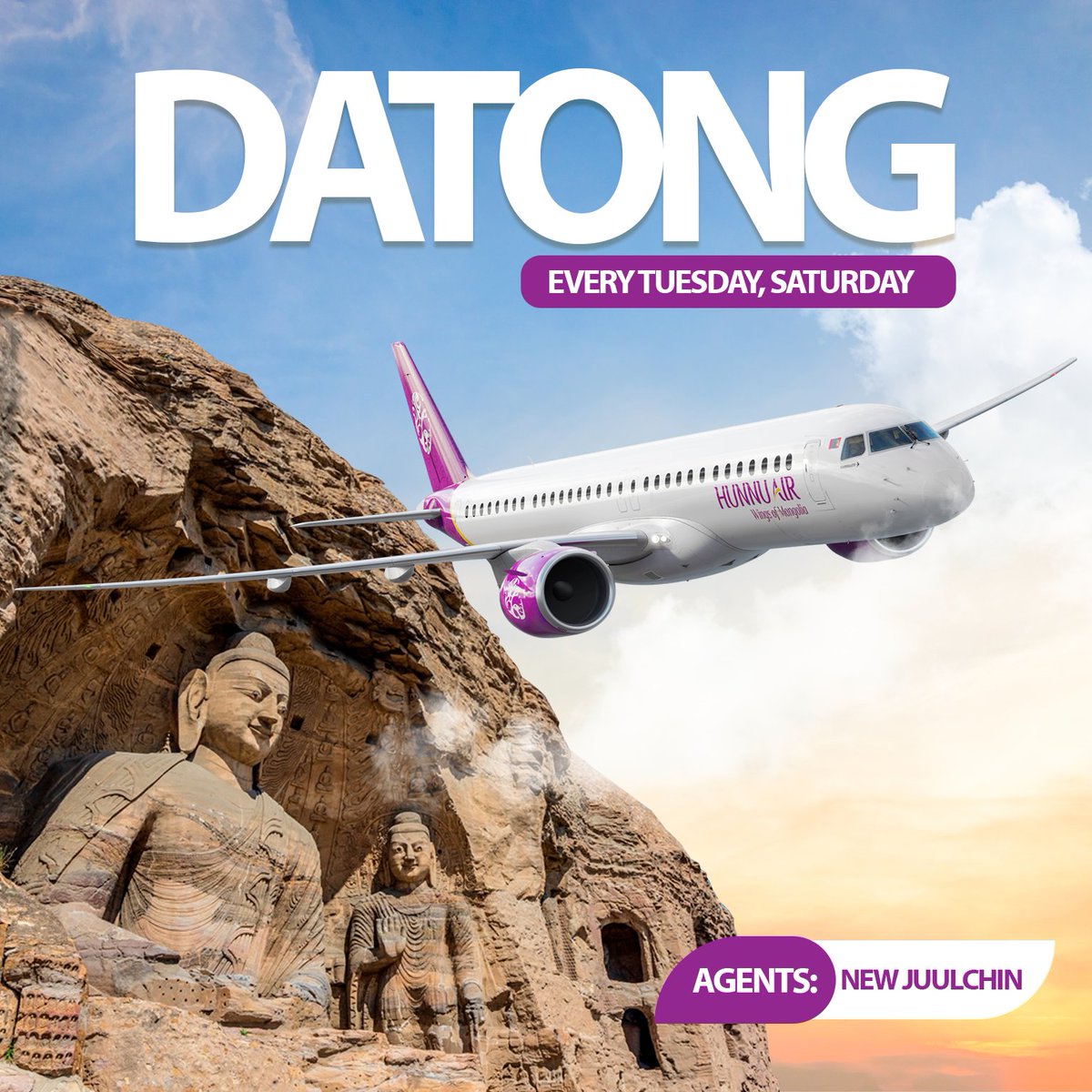 ✈️Хүннү Эйр компани аялал жуулчлалын компаниудтай хамтран сонирхол татахуйц чиглэлд чартер нислэг үйлддэг. Тэдгээрийн нэг нь БНХАУлсын ДАТУН хот.
📲Борлуулагч агент - New Juulchin Tours