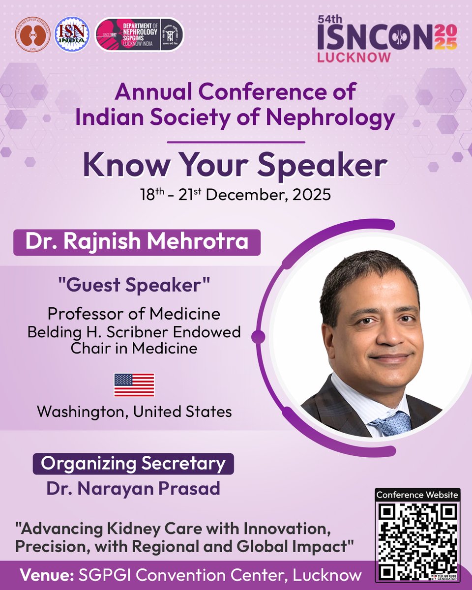 Isncon25's tweet image. Meet Our Esteemed Guest Speaker β
Dr. Rajnish Mehrotra, A global leader in Nephrology from Washington, USA.
π
18thβ21st December 2025
π SGPGI Convention Center, Lucknow
ISNCON 2025 Website : isncon2025.com