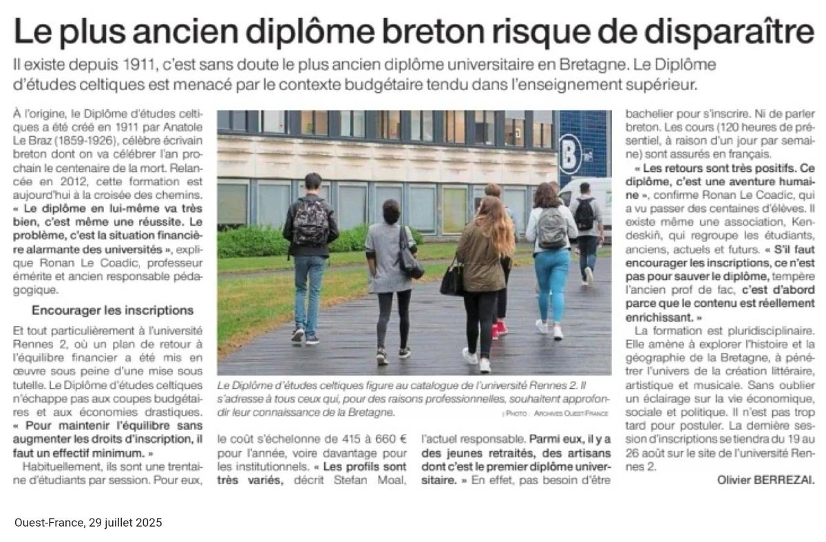 Créé par Anatole Le Braz en 1911, le plus ancien diplôme universitaire de #Bretagne, le Diplôme d'études celtique, est menacé de disparition. Dispensé à l'université de Rennes 2, il pourrait faire les frais de la situation financière alarmante de l'établissement ☹️
