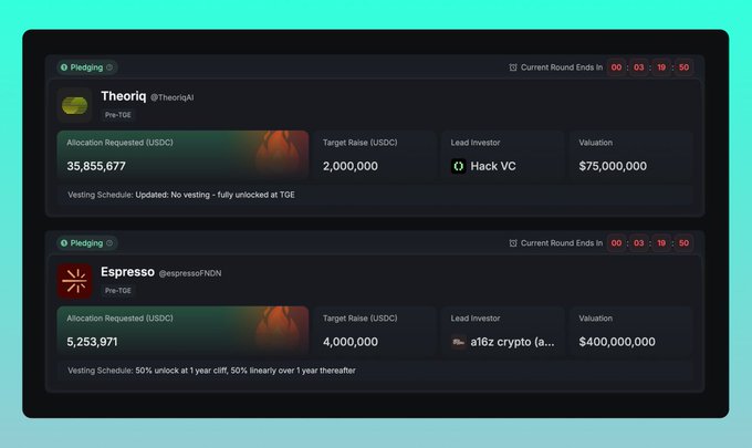 Kaito fundraising dashboard showing Theoriq and Espresso details