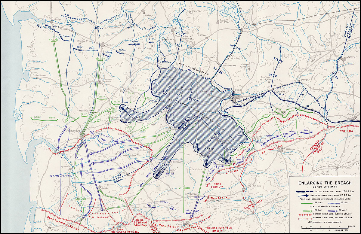 29 julio 1944. Bradley sigue ampliando la brecha de la Operación "Cobra". El VIII Cuerpo se apodera de Coutances el 28 y los alemanes no pueden evitar un cerco en Roncey, al sureste, donde quedan atrapados entre las vanguardias de la 4.ª y la 2.ª Divisiones blindadas.
