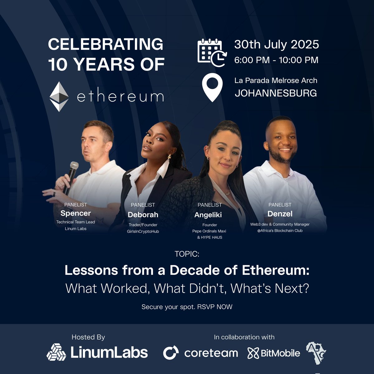Linum Labs (@linumlabs) on Twitter photo 🚨 Jo’burg, it’s almost time!
Join us tomorrow for Ethereum’s 10-Year Celebration 🇿🇦🎉
🧠 What worked, what didn’t & what’s next for Ethereum
📍 La Parada, Melrose Arch
🗓️ July 30 | 6PM
🎟️ lu.ma/257iqtka
<a href="/BitMobileTech/">BitMobile Tech</a> <a href="/Coreteam_Group/">Coreteam</a>
<a href="/africasblock/">Africa's Blockchain Club</a> 🚨 Jo’burg, it’s almost time!
Join us tomorrow for Ethereum’s 10-Year Celebration 🇿🇦🎉
🧠 What worked, what didn’t & what’s next for Ethereum
📍 La Parada, Melrose Arch
🗓️ July 30 | 6PM
🎟️ lu.ma/257iqtka
<a href="/BitMobileTech/">BitMobile Tech</a> <a href="/Coreteam_Group/">Coreteam</a>
<a href="/africasblock/">Africa's Blockchain Club</a>