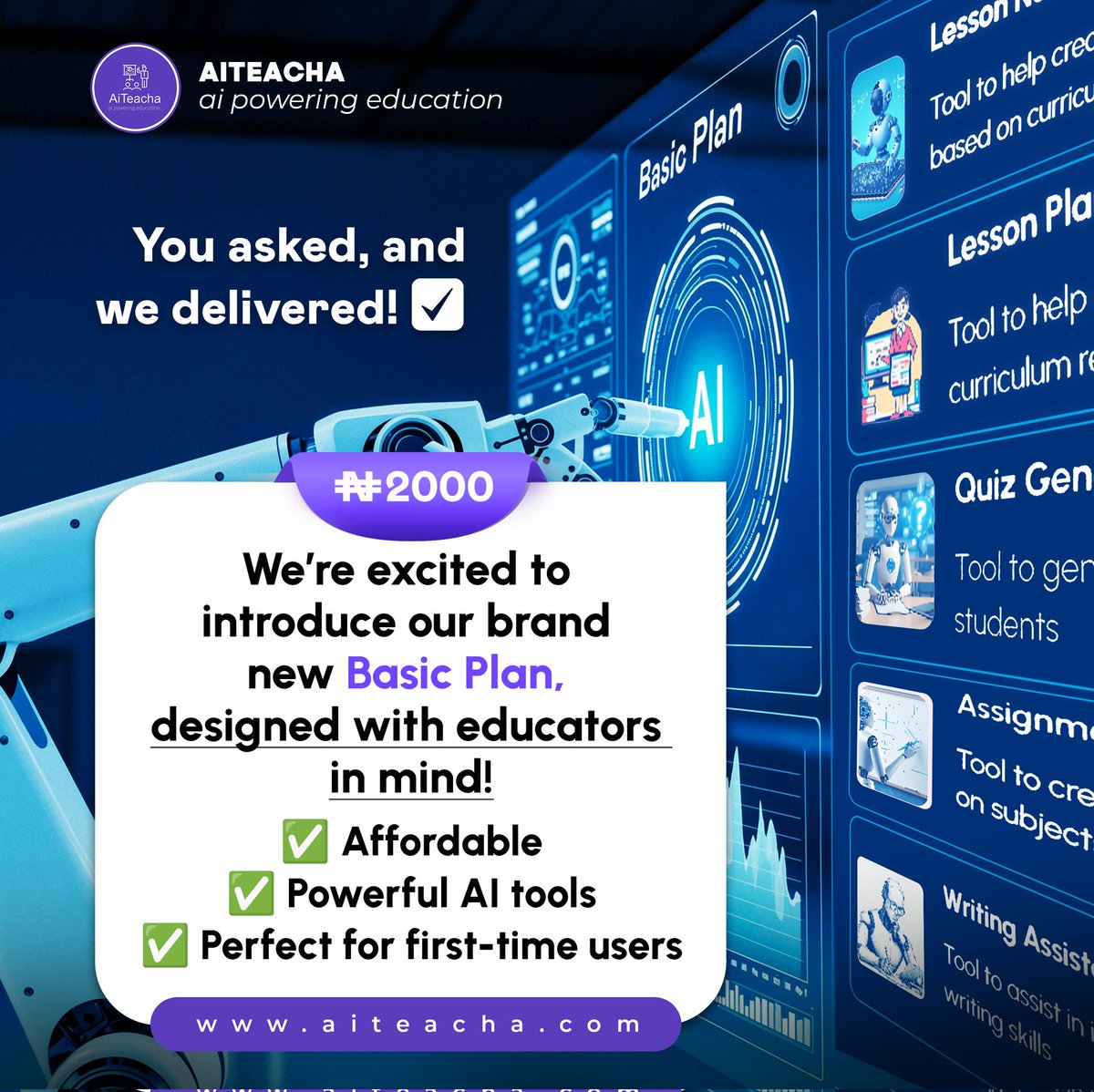 AITeacha_Online's tweet image. You asked, we delivered!

The AiTeacha Basic Plan is here, powerful AI tools for teachers, now just ₦2,000! 

Perfect for first-time users.
Start now 👉 aiteacha.com

#AiTeacha #BasicPlan #AIinEducation #SmartTeaching #AffordableEdTech #EdTechAfrica