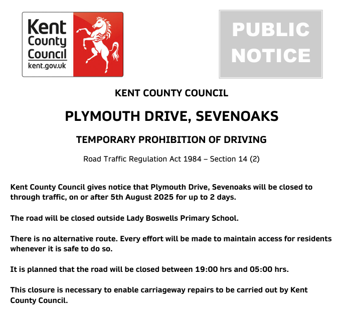 KentHighways's tweet image. Sevenoaks, Plymouth Drive. Road closures from 5th August for 2 nights (19:00-05:00 each night) for carriageway works.