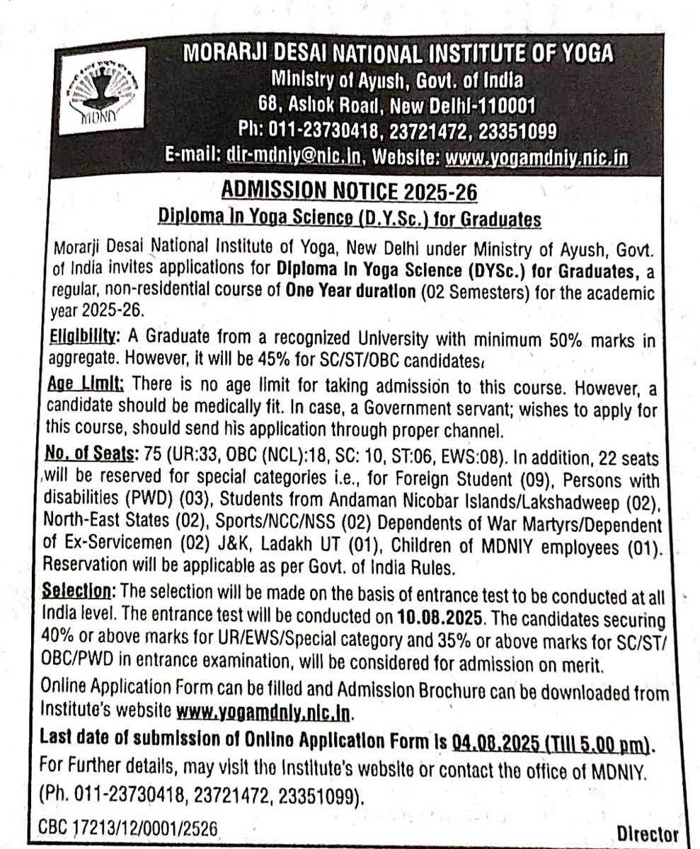 mdniy's tweet image. MDNIY invites applications for admission to Diploma in Yoga Science (DYSc.) 2025-26.
For details, please click yogamdniy.nic.in/files/admissio…