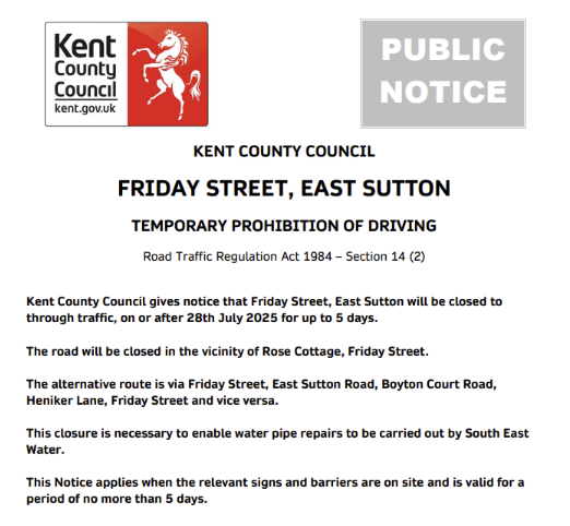 KentHighways's tweet image. East Sutton, Friday Street: Road closed 28th July for up to 5 days to allow for @sewateruk pipe repair works: moorl.uk/?vrzyeh