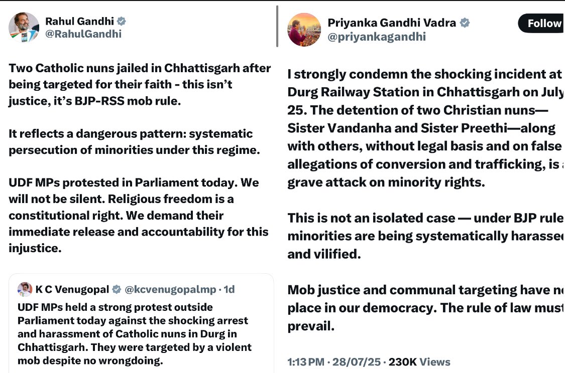 GroFaZ_'s tweet image. 2 Nuns and a man were caught trafficking 3 tribal girls on Durg railway station, Chhattisgarh
I might have been a false alarm, but…
Rahul Gandhi, Priyanka Vadra and other big Congress leaders’ coordinated crying makes it clear as day that a missionary racket is caught