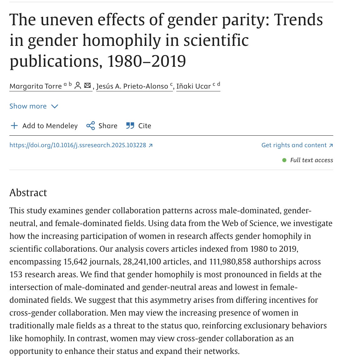 Marga Torre (@marga_tf) on Twitter photo Thrilled to share our paper with Iñaki Úcar (<a href="/Enchufa2/">Iñaki Úcar</a>) and Jesús Prieto, just out in Social Science Research!
📝 The uneven effects of gender parity: Trends in gender homophily in scientific publications, 1980–2019
Full text access: sciencedirect.com/science/articl… Thrilled to share our paper with Iñaki Úcar (<a href="/Enchufa2/">Iñaki Úcar</a>) and Jesús Prieto, just out in Social Science Research!
📝 The uneven effects of gender parity: Trends in gender homophily in scientific publications, 1980–2019
Full text access: sciencedirect.com/science/articl…