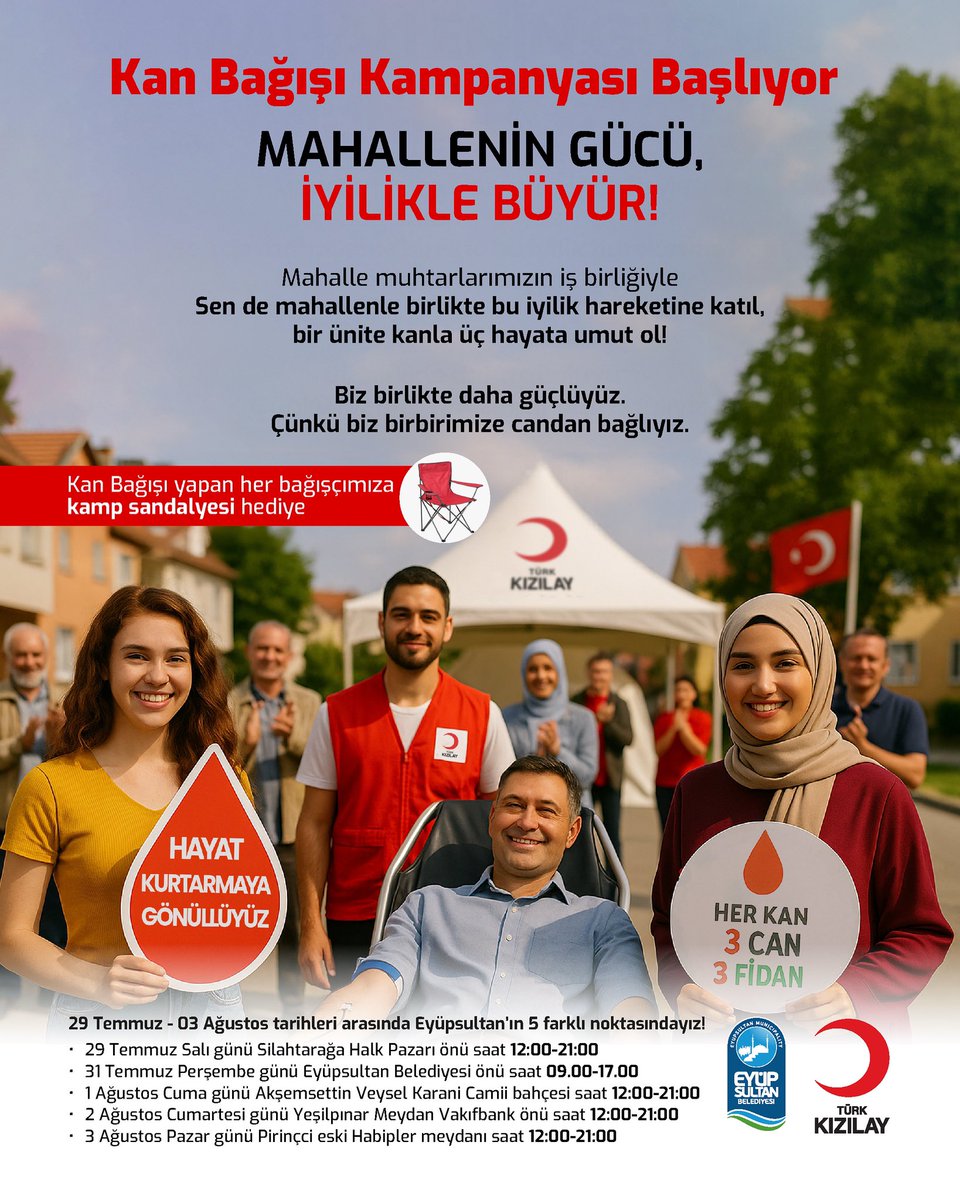 Mahallenin gücü, iyilikle büyür!

Eyüpsultan’da 29 Temmuz – 3 Ağustos tarihleri arasında düzenlenecek olan kan bağışı kampanyamıza tüm hemşehrilerimizi davet ediyoruz.

Unutmayalım, bir ünite kan üç hayat demektir.

Kan bağışı yapan vatandaşlarımıza Kızılay tarafından kamp
