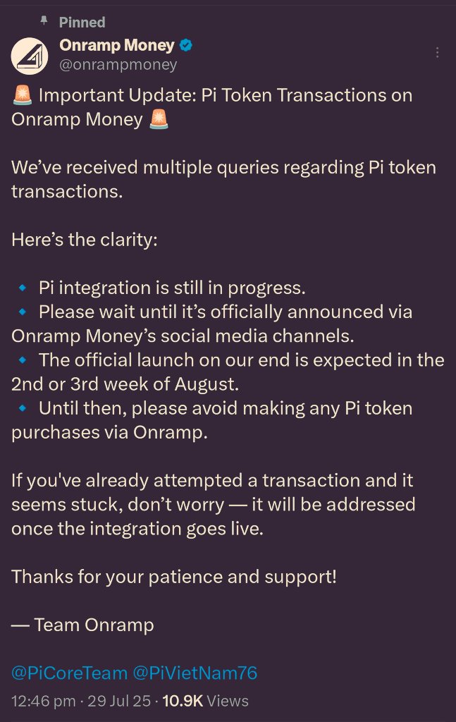 PiNetwork24X7's tweet image. 🚨 Attention #PiCommunity ⚠️

 🟣 On-Ramp feature has not been officially launched yet.
 It&apos;s expected to be officially live in the second or third week of August.

 ⏳ Wait until it goes completely live!