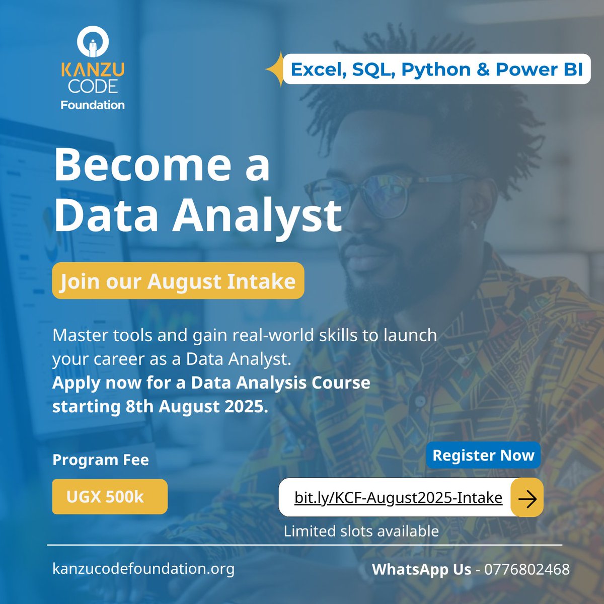 KanzuCodeOrg's tweet image. 🚀 Ready to break into data analytics?
Our 8-week online bootcamp starts Aug 8th! Learn real-world data analysis, visualization & career-ready skills.
✅ Flexible schedule ✅ Hands-on projects
✅ Industry tools ✅ Job-focused training
Apply now: bit.ly/KCF-August2025…