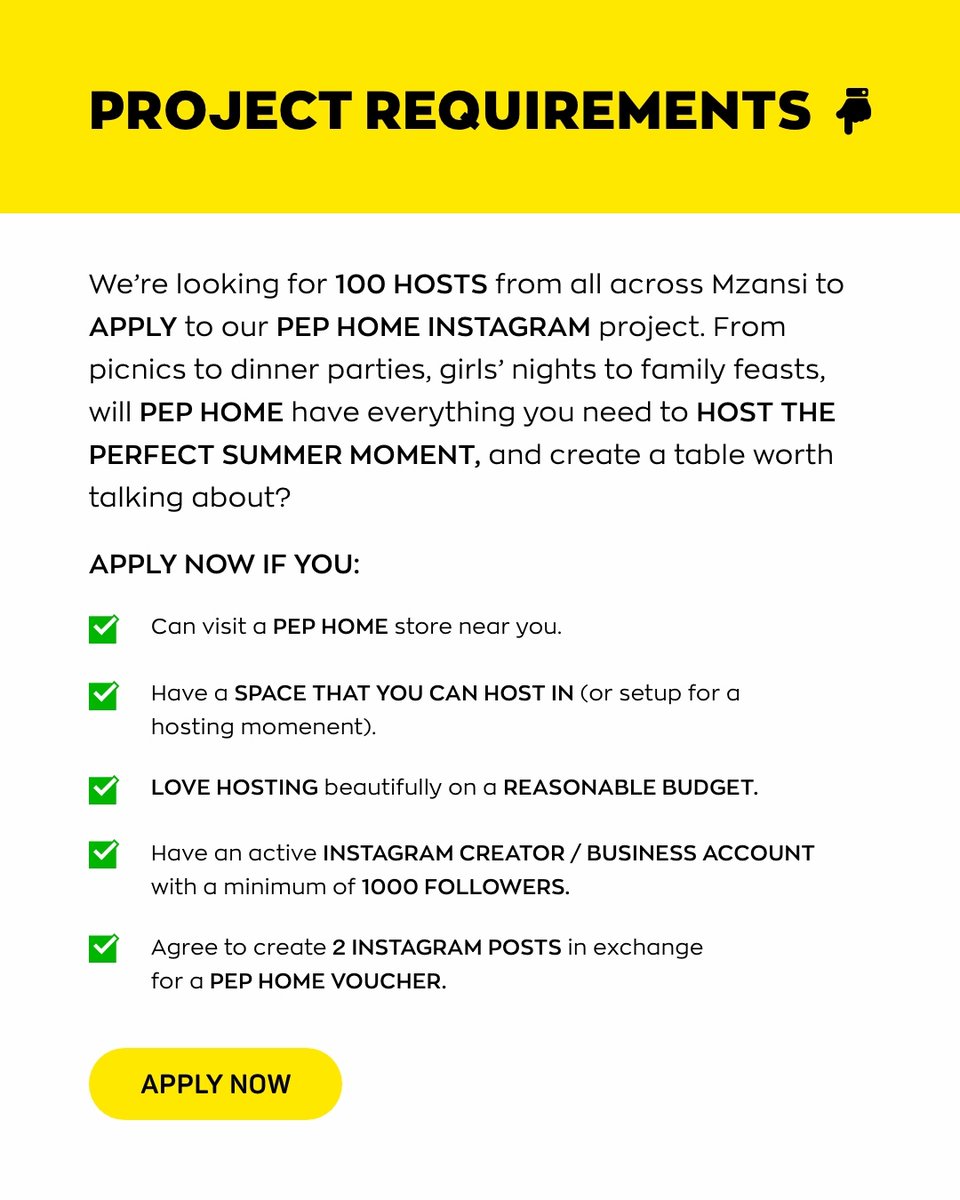 Apply to host with PEP Home🏡 We’re looking for 100 Mzansi hosts who love to host on a budget and want to show off their summer setups. 

👉Click the link to apply 🔗brandadvisor.co.za/pep-home-fb-ev…
