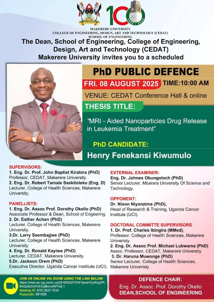 Makerere University Biomedical Engineering (@makbme) on Twitter photo Join us for the PhD Public Defense of our own Henry Fenekansi Kiwumulo!
Discover how MRI-aided nanoparticles can revolutionize leukemia treatment.
Let's support groundbreaking research!
DON'T MISS OUT!
#LeukemiaResearch #Nanoparticles #MRI
<a href="/MakerereSoEng/">Makerere University, School Of Engineering</a> <a href="/citemakbme/">CITE</a> Join us for the PhD Public Defense of our own Henry Fenekansi Kiwumulo!
Discover how MRI-aided nanoparticles can revolutionize leukemia treatment.
Let's support groundbreaking research!
DON'T MISS OUT!
#LeukemiaResearch #Nanoparticles #MRI
<a href="/MakerereSoEng/">Makerere University, School Of Engineering</a> <a href="/citemakbme/">CITE</a>