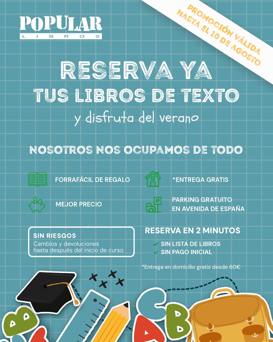 🎒 ¡Reserva ya tus libros de texto para el curso 2025-26!
✅ Mejores precios
📚 Forrafácil de regalo
📦 Envío gratis
🧾 Factura para beca/renta
📲 Solo 2 min desde el móvil
Hasta el 10/08 👉 …rosdetexto-popularlibros.typeform.com/to/peYn9p5p
#PopularLibros #vueltaalcole #reservalibros