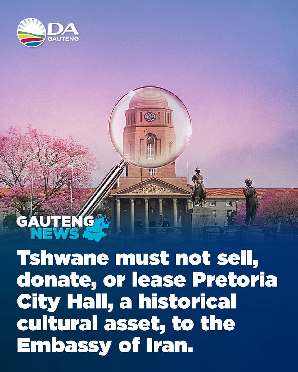 ⛔ The DA rejects the idea of selling, renting, or donating the historic Pretoria City Hall to the Embassy of Iran. 

Tshwane’s mayor has not even consulted Council for approval, raising concerns about improper procedure and political risks. 

Read more here: