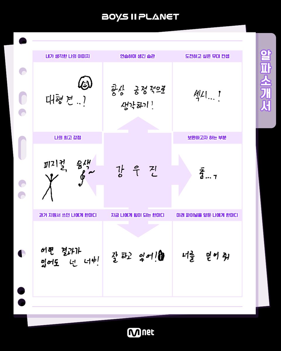 강우진 KANG WOO JIN

스타 크리에이터님들을 위한 깜짝 선물🎁
참가자들의 색다른 매력이 담긴 'NEW 증명사진'과
타오르는 에너지가 느껴지는 '알파소개서'를 확인해 보세요!

A surprise gift for our Star Creators 🎁
Check out the all-new ID photos capturing the participants’ unexpected