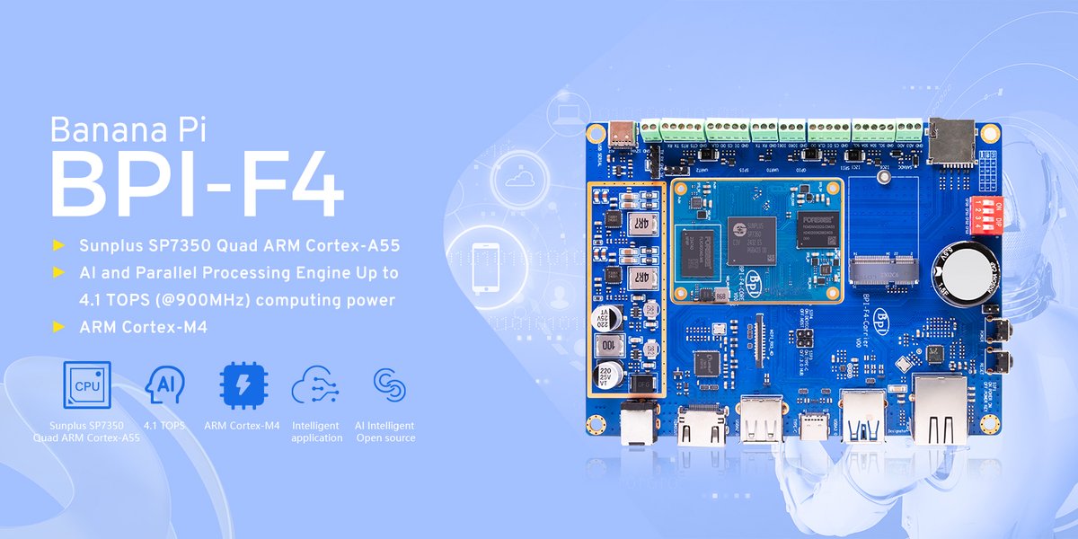 judyhuang9's tweet image. 🔧 New Product Alert: BPI-F4
Introducing the BPI-F4,powered by the Sunplus SP7350 quad-core ARM Cortex-A55 CPU with an integrated NPU (4.1 TOPS @ 900MHz).It supports AI frameworks such as Caffe,TensorFlow,PyTorch,TFLite, DarkNet,and ONNX
👉 Now available，Contact us to learn more