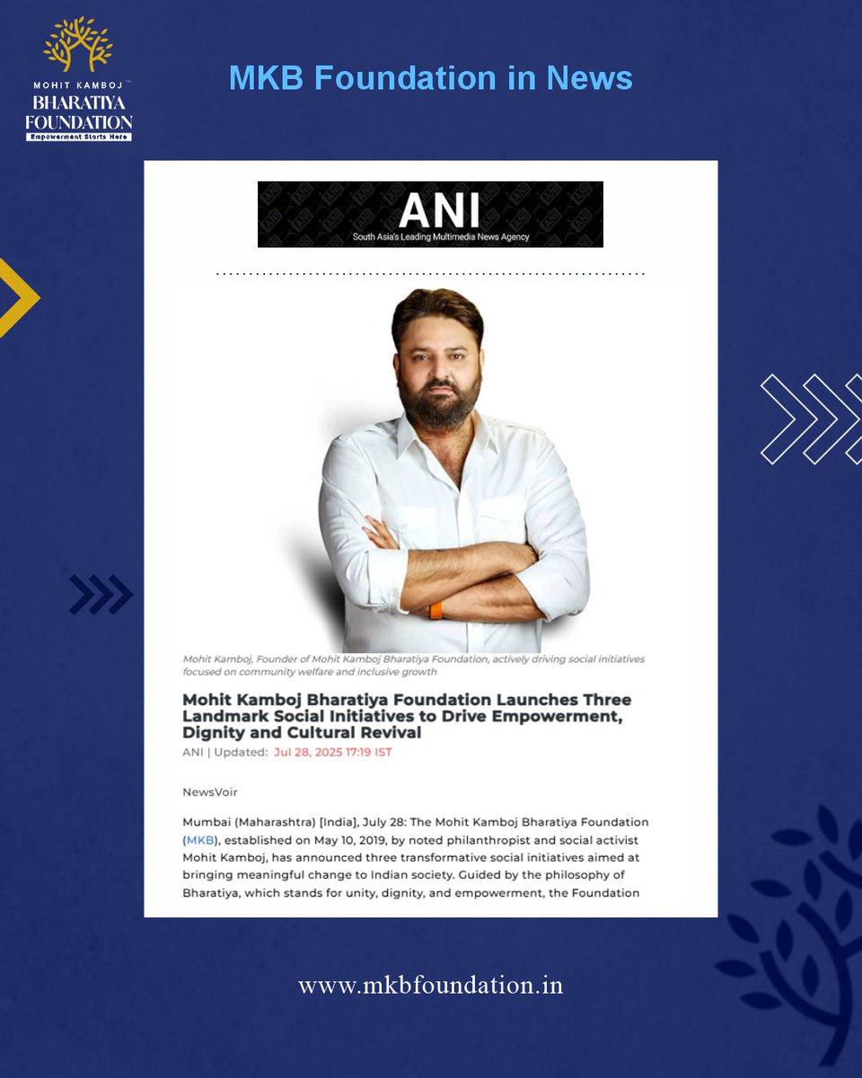 mkbfoundation_'s tweet photo. 📰MKB Foundation in News

Mohit Kamboj Bharatiya launches 3 key initiatives:
🔹 Transgender Empowerment
🔹 Dignity in Death
🔹 Temple Restoration
Rooted in Bharatiyata. Driven by Seva.
#MKBFoundation #SevaWithPurpose #Bharatiyata #MKBFoundation https://t.co/kP4LASy3Rd