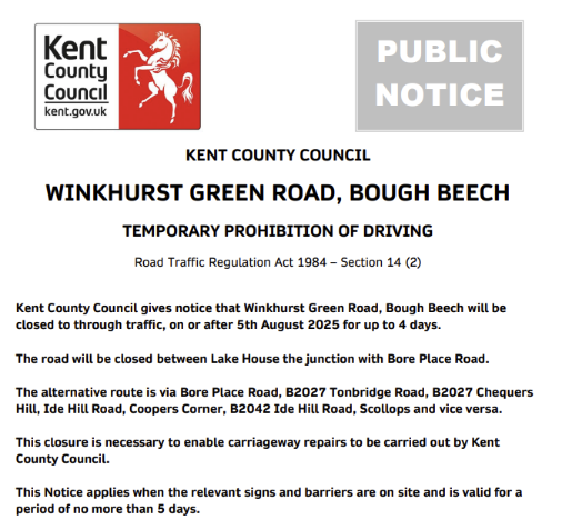 KentHighways's tweet image. Bough Beech, Winkhurst Green Road: closed 5th August for up to 4 days to allow for @KentHighways carriageway repair works.