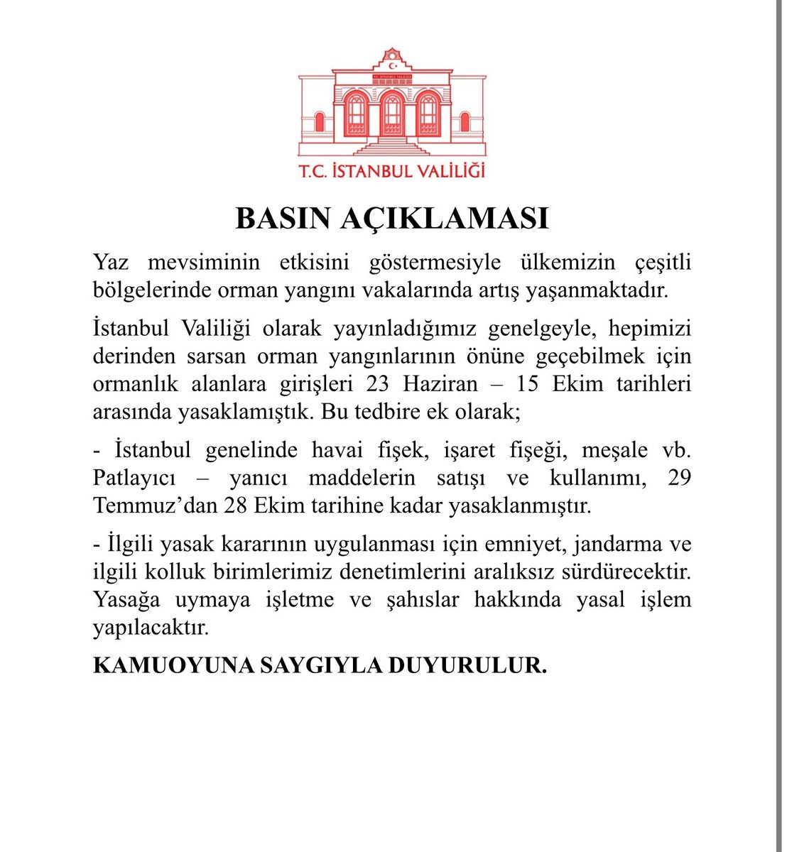 #SONDAKİKA 

‼️ İstanbul genelinde havai fişek, işaret fişeği, meşale vb. Patlayıcı – yanıcı maddelerin satışı ve kullanımı, 29 Temmuz’dan 28 Ekim tarihine kadar yasaklandı. 

Dün akşam saatlerinde Beykoz’da çıkan yangın yanıcı maddeden kaynaklıydı. 

#istanbulyanıyor #beykoz