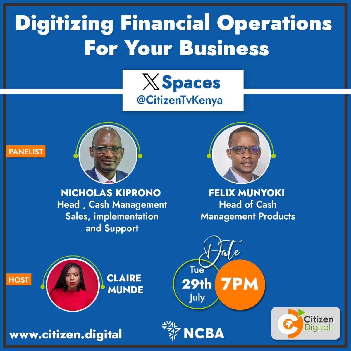 How can SMEs go about digitising their operations to ensure business efficiency and what options exist? Listen to Citizen Digital X Spaces with <a href="/NCBABankKenya/">NCBA Bank</a> this Tuesday at 7pm as we discuss why every business owner needs to digitise their operations. Hosted by <a href="/Clairedudieu/">Claire Munde</a>