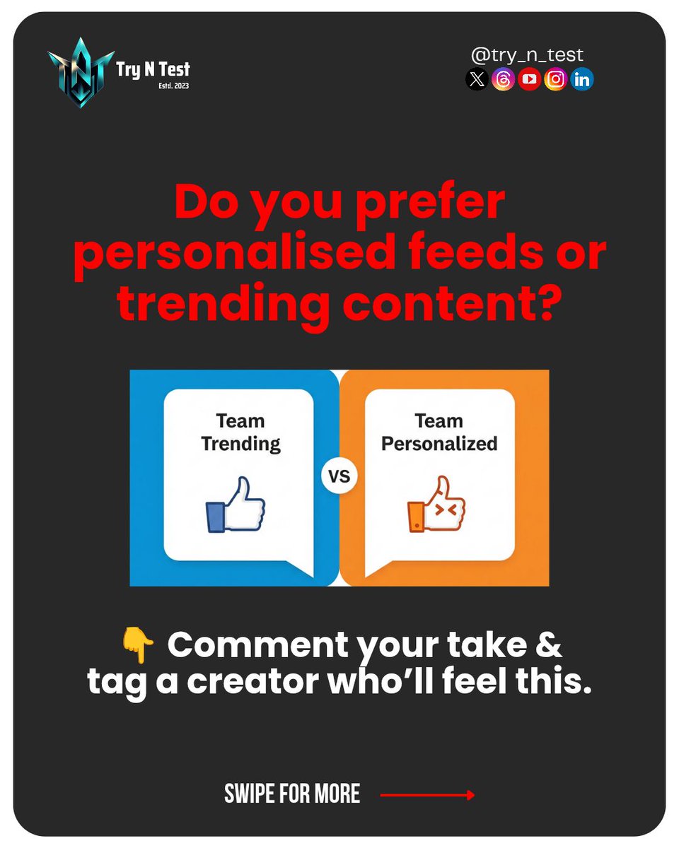 Try_N_Test's tweet photo. ⚠️ For creators:
This means chasing “global viral hits” is no longer the strategy.
Instead:
→ Focus on niche relevance
→ Know your audience
→ Let the algorithm do the matching https://t.co/l5I2854WUK