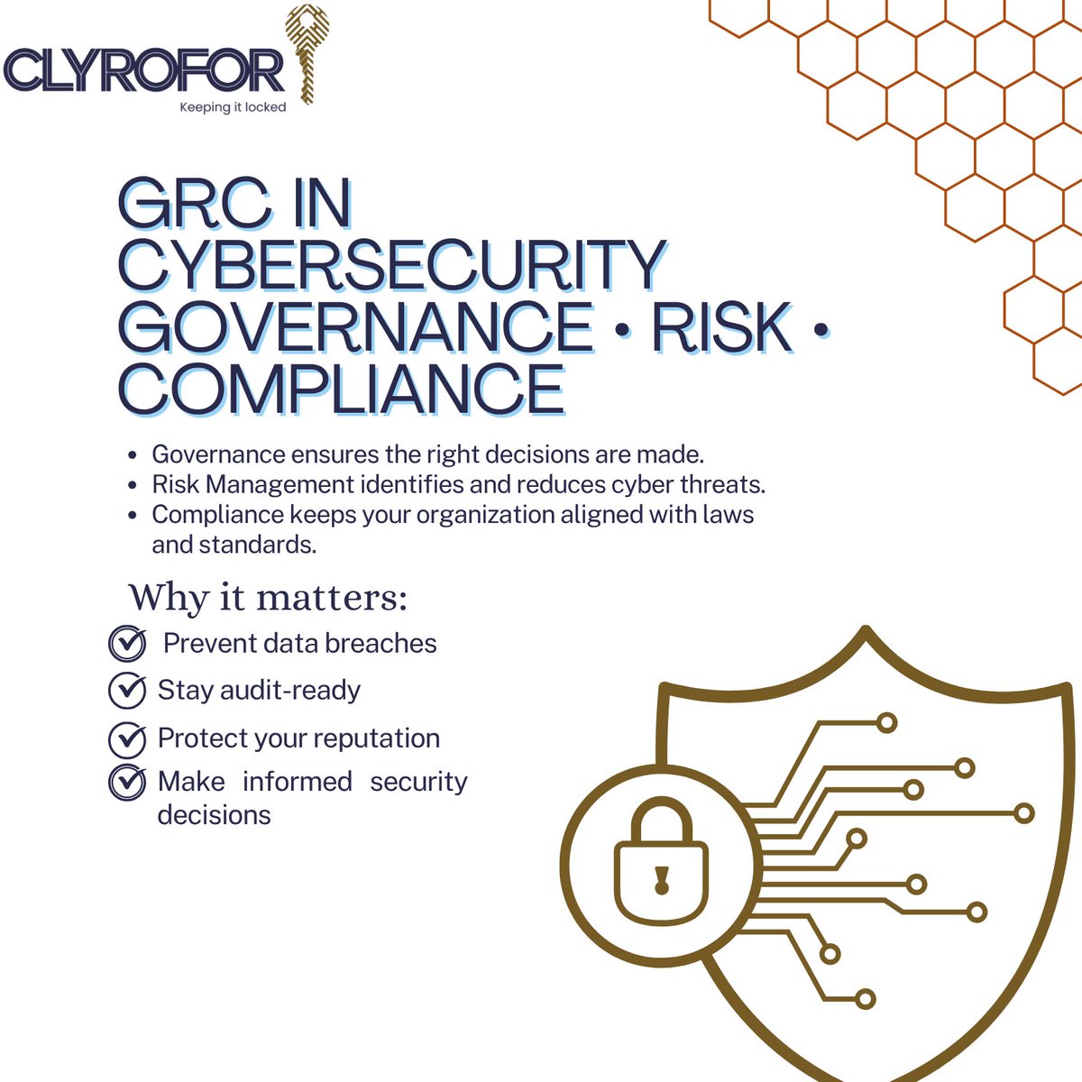 GRC = Governance, Risk &amp; Compliance  the core of smart cybersecurity.

Stay compliant. Reduce risk. Make informed decisions.

Is your cyber strategy built on GRC?
#CyberSecurity #GRC #RiskManagement #Compliance #CyberAwareness #Clyrofor