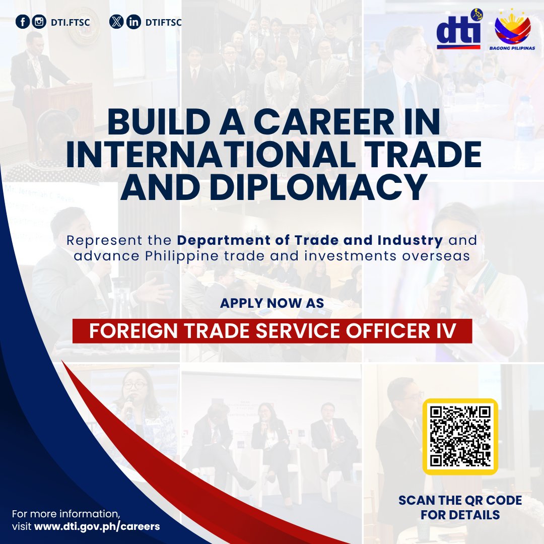 𝗗𝗿𝗲𝗮𝗺𝗶𝗻𝗴 𝗼𝗳 𝗮 𝗰𝗮𝗿𝗲𝗲𝗿 𝘁𝗵𝗮𝘁 𝘁𝗮𝗸𝗲𝘀 𝘆𝗼𝘂 𝗯𝗲𝘆𝗼𝗻𝗱 𝗯𝗼𝗿𝗱𝗲𝗿𝘀?

Be a 𝗙𝗼𝗿𝗲𝗶𝗴𝗻 𝗧𝗿𝗮𝗱𝗲 𝗦𝗲𝗿𝘃𝗶𝗰𝗲 𝗢𝗳𝗳𝗶𝗰𝗲𝗿 𝗜𝗩 at DTI.  Your passport to purpose starts here!

🔗 Apply today: bit.ly/FTSOIVApplicat…
🗓️ Deadline: August 31, 2025