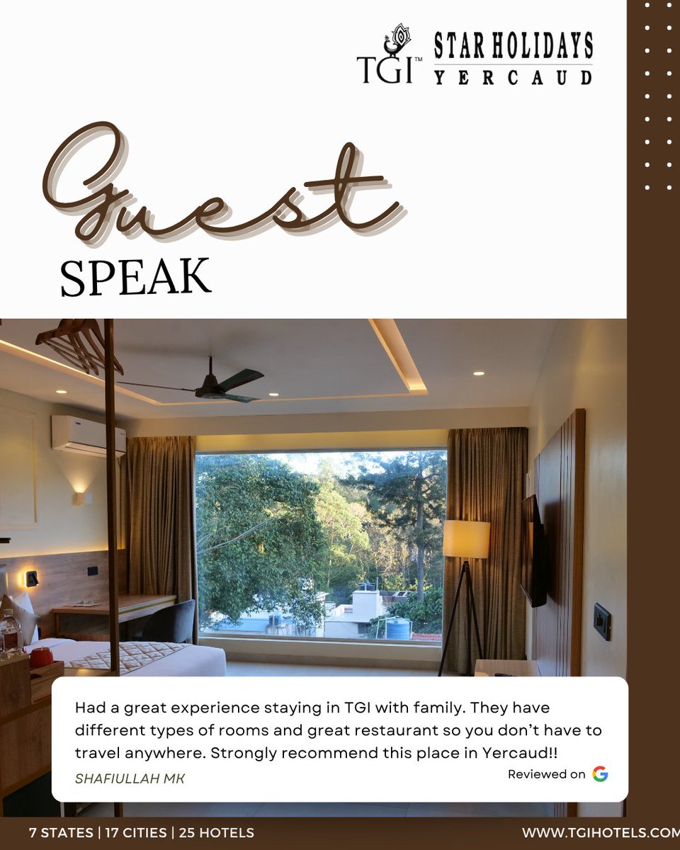 tgi_hotels's tweet photo. #GuestSpeak A big thank you to Mr. Shafiullah for the glowing review of #TGIStarHolidays, #Yercaud! From cozy room options to convenient dining, we’re so glad your family stay was a hit. Hope to welcome you back soon!
#ExperienceTGI #StayWithTGI #HappyGuests https://t.co/nnsS4eEPTR