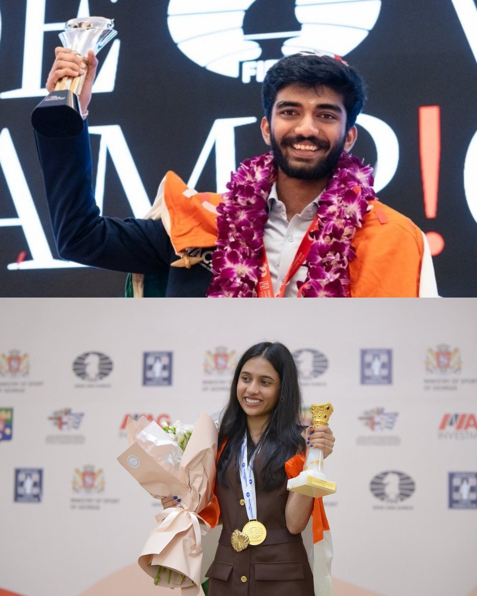 LEADING INDIAN CHESS IS TWO TEENAGERS!

Gukesh Dommaraju - Youngest Ever Chess World Champion at 18

Divya Deshmukh - Youngest Ever Women's Chess World Cup Champion at 19

THE PRESENT &amp; FUTURE OF WORLD CHESS! 🏆