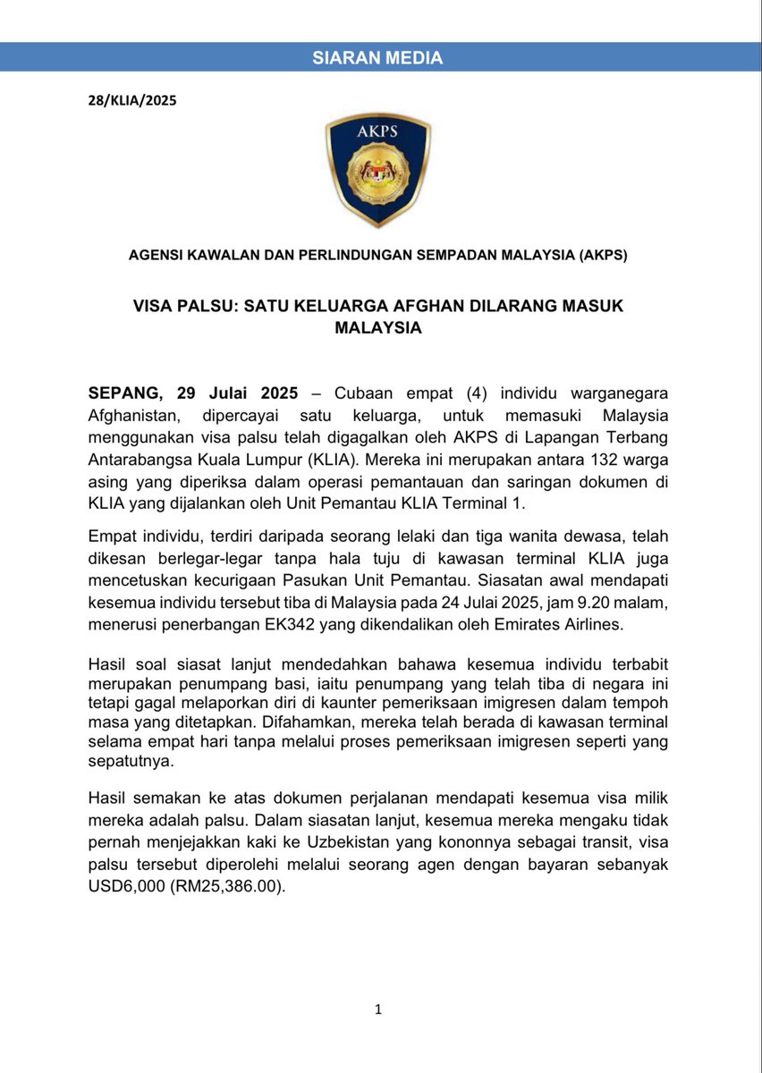 akpsklia's tweet photo. SIARAN MEDIA : VISA PALSU, SATU KELUARGA AFGHAN DILARANG MASUK MALAYSIA
#malaysiamadani
#MyBorderPass
#MudahPantasSelamat
#JimatMasa
#akpsklia https://t.co/Nx9pyNsiN8