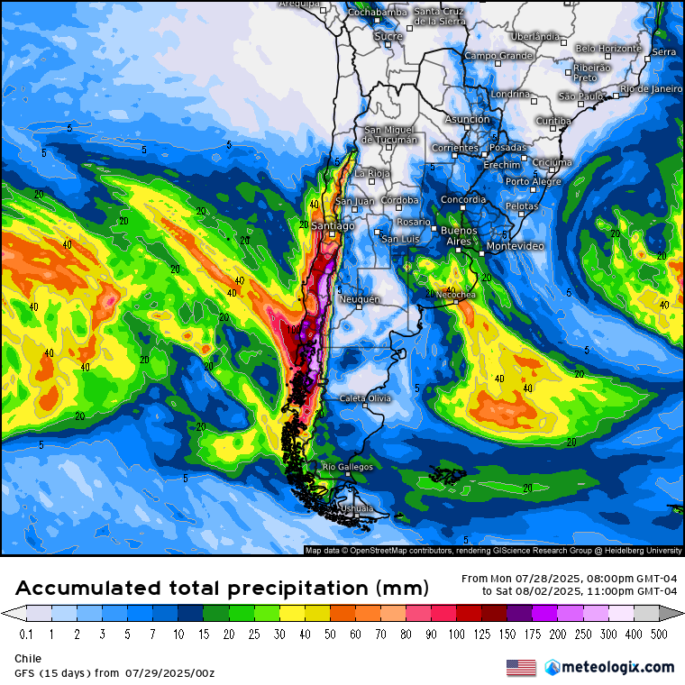 EdoWeatherman's tweet photo. Actualización alerta lluvia abundante, viento, tormentas eléctricas e isoterma 0 elevada. Zona norte, central y sur.

Este miércoles ingresa potente sistema frontal que afectará desde Biobío a Los Lagos, agregando más agua a la zona sur. Este evento trae una isoterma 0 sobre lo normal así que lloverá donde debiese nevar, además estará acompañado de viento moderado (>45-65 km/hr) y probables ⛈️. 
Durante la tarde-noche alcanza Ñuble y Maule con mucha intensidad y se espera una noche de miércoles a mañana de jueves con lluvia intensa en estas regiones, además de viento sobre 45-65 km/hr. El jueves por la mañana ya estará con lluvia intensa en costa de O'Higgins para luego abarcar toda esa región y la costa de Valparaíso. Viento sobre 40-60 km/hr.
Al atardecer afectará toda esta región y durante la noche del jueves la región Metropolitana. Viento de 30-50 km/hr.
El viernes la lluvia afectará toda la región de Coquimbo y la parte sur de Atacama, hasta Copiapó. Viento de 30-50 km/hr.
Este evento declina el sábado en toda la zona central.

Montos previstos por región.
Región de Atacama (Copiapó al sur). 1-15 mm. Viernes.
*Región de Coquimbo. 10-45 mm en parte norte y 20-55 mm en parte sur, entre jueves por la noche y viernes.
*Región de Valparaíso. 45-90 mm en la costa y 30-70 mm en interior. Jueves a sábado.
*Región Metropolitana. 20-45 mm en el centro, 30-55 mm en comunas del sur y poniente. Jueves noche a sábado.
*Región de O'Higgins. 50-90 mm en costa, 40-70 mm en interior. Jueves a sábado.
*Región del Maule. 70-120 mm en costa, 60-100 mm en interior. Miércoles Pm a sábado.
*Región de Ñuble. 70-100 mm miércoles a sábado.
*Región del Biobío. 70-120 mm en costa, 65-110 mm en interior. Parte sur sobre 80-120 mm. Miércoles a sábado.

*Región de Araucanía y Los Ríos. 80-145 mm. Miércoles a sábado.
*Región de Los Lagos. 40-70 mm. Miércoles a sábado.

Región de Aysén. 30-60 mm. Miércoles a sábado.

*En todas estas regiones puede haber sectores que superen montos proyectados, esto por acción del río atmosférico y por la probabilidad de tormentas eléctricas.
Posibilidad de trombas y/o tornados entre Biobío y Los Lagos el miércoles y jueves.
Isoterma sobre 2000-2500 msnm entre miércoles y jueves. La isoterma 0 debiese bajar la noche del viernes y esto traerá nieve a sectores sobre los 1300-1600 msnm en la zona central. 

Los montos y su rango amplio son el resultado de ponderar la proyección de los modelos europeo y americano, además de considerar un sector amplio que toma varias ciudades y no un lugar en especial. 

El evento seguirá evolucionando y puede haber modificaciones, este martes por la noche nueva actualización.