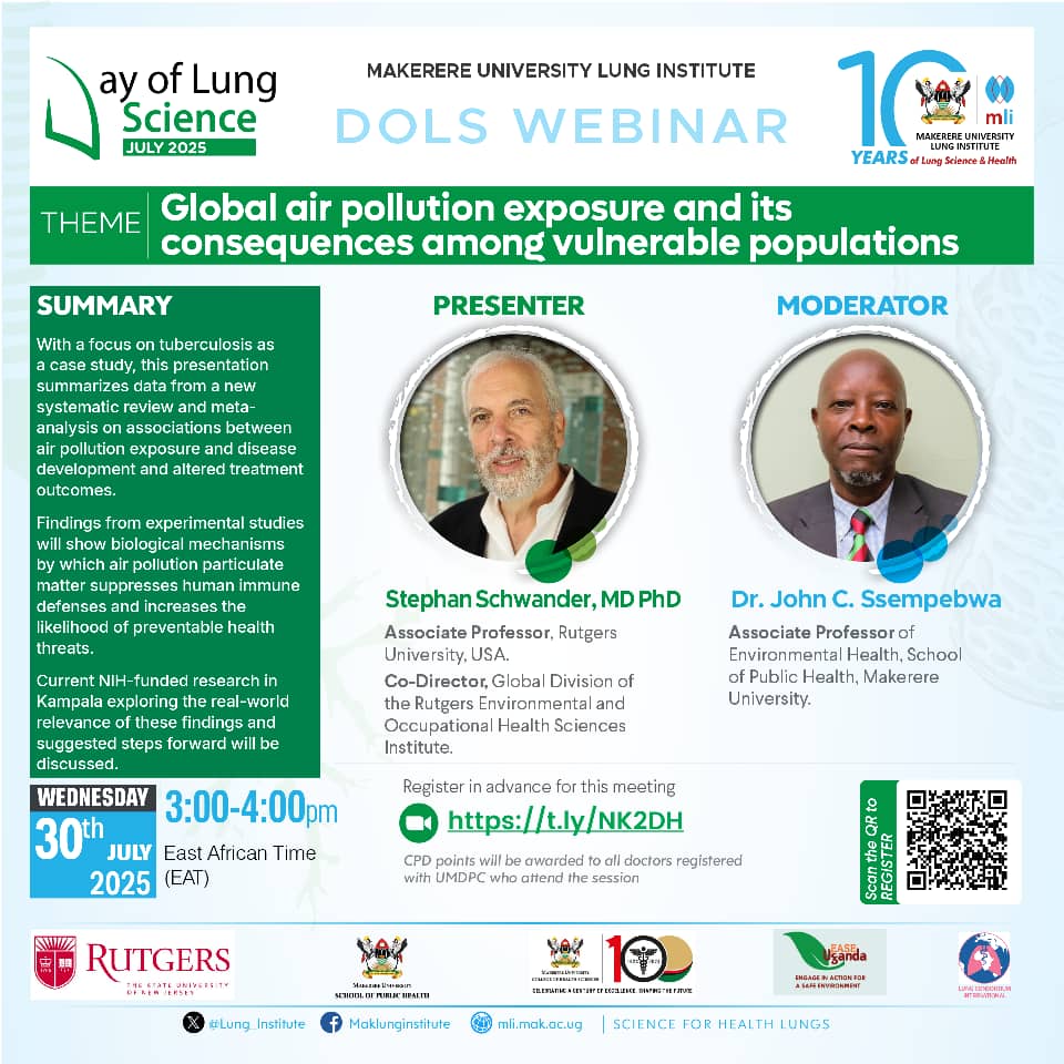 Makerere University Lung Institute (@lung_institute) on Twitter photo Air pollution is a major public health threat in UG linked to 31,000+ premature deaths annually. Join the #DOLS webinar on Wed, 30 July at 3PM EAT with Dr. Stephan Schwander <a href="/RutgersU/">Rutgers University</a> & Dr. John Ssempebwa <a href="/MakSPH/">Makerere University School of Public Health</a>
🔗 t.ly/NK2DH
<a href="/brucekirenga/">Bruce Kirenga</a> <a href="/rnantanda/">Dr Rebecca Nantanda</a> <a href="/ikimuli2020/">Ivan Kimuli</a> Air pollution is a major public health threat in UG linked to 31,000+ premature deaths annually. Join the #DOLS webinar on Wed, 30 July at 3PM EAT with Dr. Stephan Schwander <a href="/RutgersU/">Rutgers University</a> & Dr. John Ssempebwa <a href="/MakSPH/">Makerere University School of Public Health</a>
🔗 t.ly/NK2DH
<a href="/brucekirenga/">Bruce Kirenga</a> <a href="/rnantanda/">Dr Rebecca Nantanda</a> <a href="/ikimuli2020/">Ivan Kimuli</a>