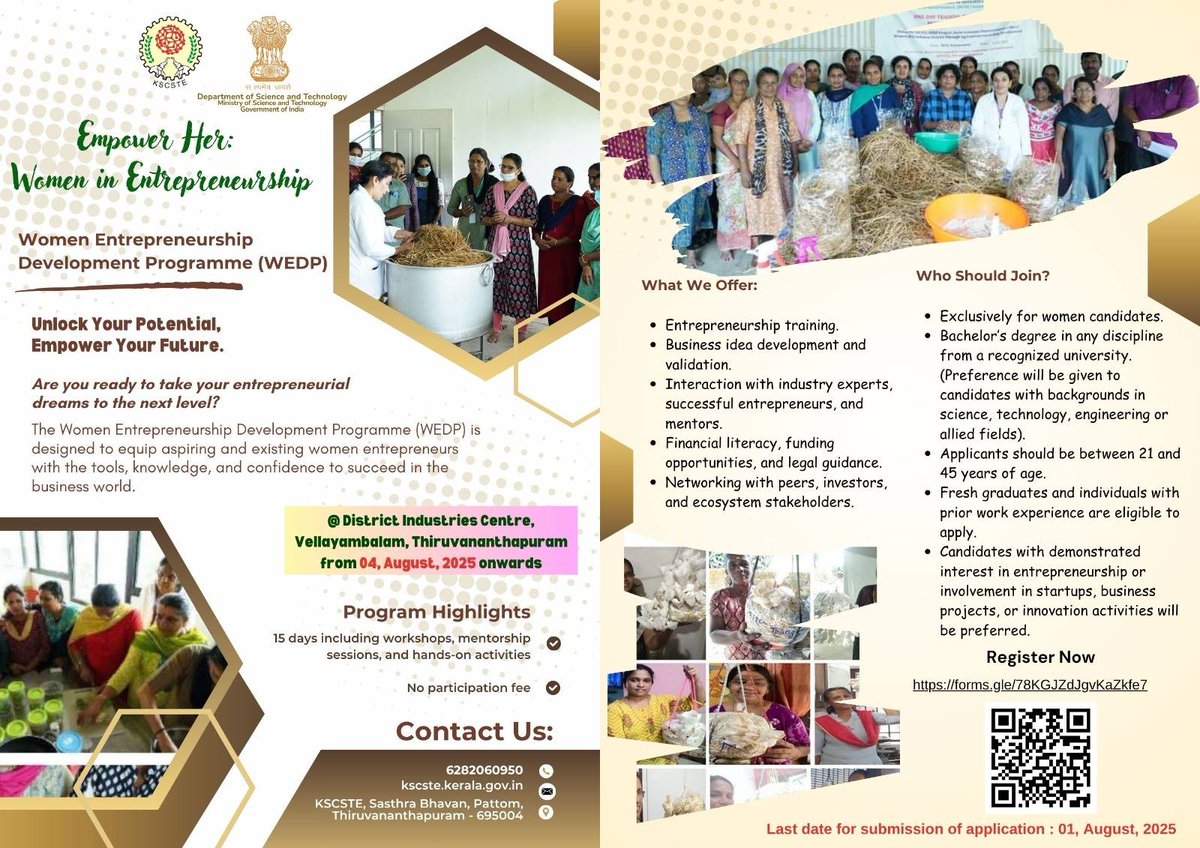 Apply Now! Empower Her: Women in Entrepreneurship
Are you a woman with entrepreneurial dreams?
Women Entrepreneurship Development Programme (WEDP) is here to help you take the next step!
Starts: *04 August 2025*
Apply here : forms.gle/78KGJZdJgyKaZk…
*Last date : 01 August 2025*