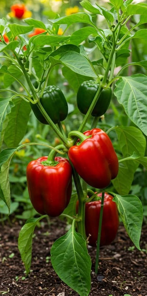 _Trichia_'s tweet image. Bell peppers (Capsicum annuum) thrive in well-drained soil, full sun, and consistent watering. Notice the color shift β green peppers mature into red, gaining more sweetness and nutrients. #AgriTips #VegetableFarming #BellPepperGrowth
