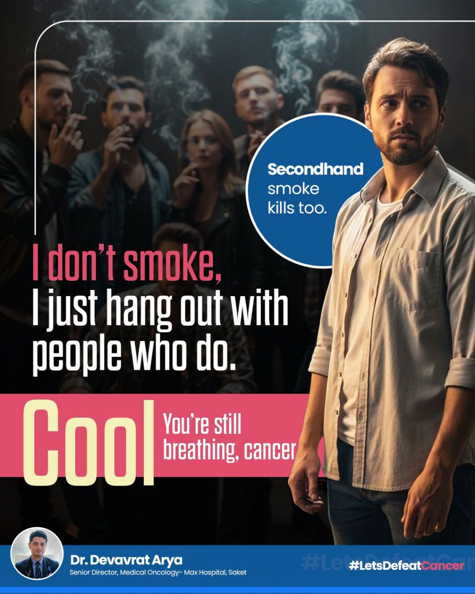 Secondhand smoke doesn’t just irritate others. It increases their cancer risk without their choice.

Air purifiers and open windows won’t fix it.

If you smoke, protect others.
If you don’t, speak up.

#SecondhandSmoke #DrDevavratArya #LetsDefeatCancer #TobaccoAwareness