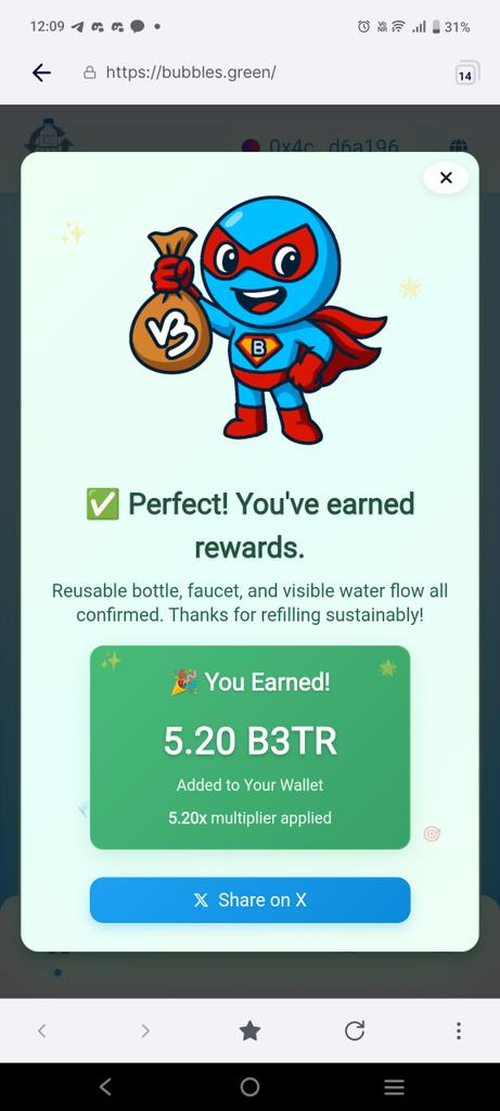 BeautyFree7's tweet image. How many litres a day ?
How big is your Mug? π» π²
π Another successful refill! 5.20 B3TR added to my wallet thanks to @Bubbles2Earn. Small actions, big rewards! π°β¨ #Bubbles2Earn #EcoFriendly #B3TR bubbles.green
