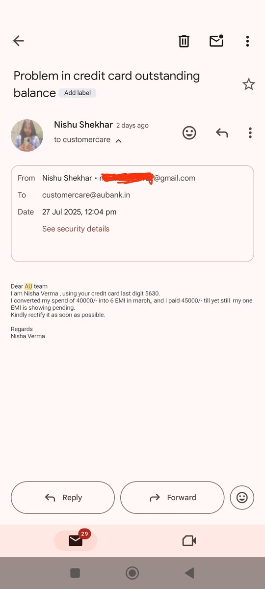 Vermanisha1's tweet photo. I spend 40000/and paid 45000till yet still 12000/is outstanding, in previous month nothing was coming to pay,now suddenly 12000 came as emi,I sent a complain mail, but till yet no response.Why private bank always want to suck our hard earned money? @aubankindia @jagograhakjago https://t.co/5y2JXTIr8h