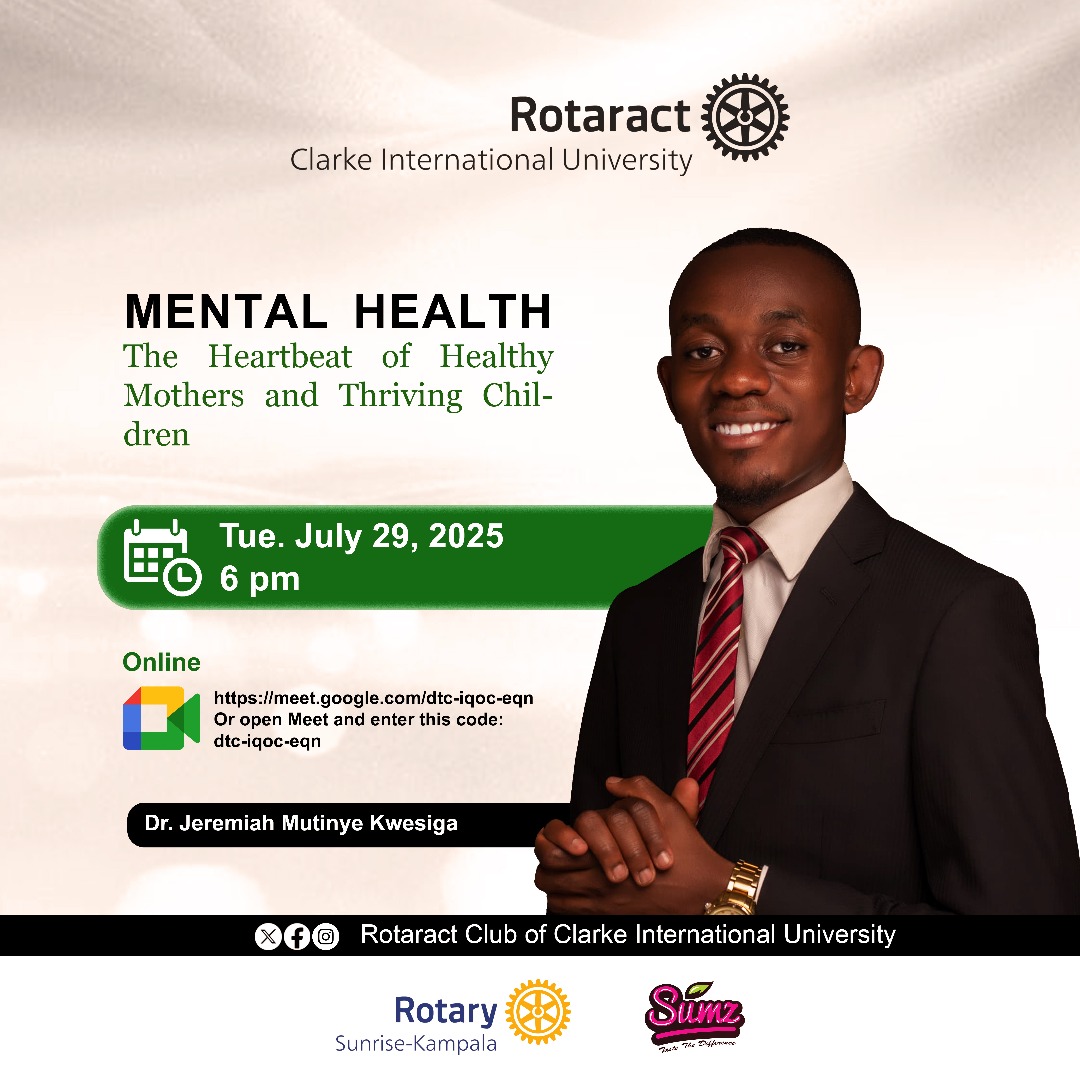 It’s about time we talked self-care, sanity, and strong families, with a little Rotaract flair. This evening at 6PM, <a href="/RacClarkeIntUni/">Rotaract Clarke International University (Basawo)</a> hosts a powerful online fellowship with our Unity President <a href="/kwesigajm/">Jeremiah Mutinye Kwesiga</a>, a specialist at <a href="/MRC_Uganda/">MRC/UVRI and LSHTM Uganda Research Unit</a> on mental health. 
#RotaryEyamba #Unite4good