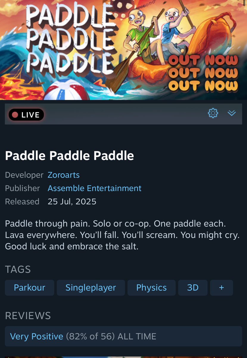🥳 Very Positive Reviews on Steam 🥳

My Coop Paddle RageGame got its 56th Steam Review just now and is Rated as ✨very Positive✨ now 🥹🙏

Thank You sooo much! It really means a LOT to me and I hope that You enjoy your time in the paddle Boat 😊🛶

#indiegame #CoopGame