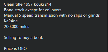 speed_port's tweet image. marketplace is too funny $20k for a 200,000 mile S14 😭
