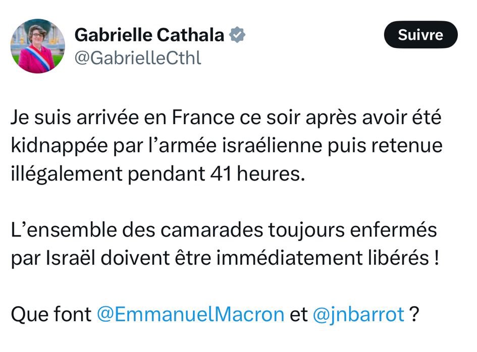 Ce tweet de la LFI <a href="/GabrielleCthl/">Gabrielle Cathala</a> 🥱

1. En 2 ans elle n'a pas tweeté un mot de soutien aux otages israéliens et français, rien. Rien.

2. Elle ose utiliser le mot "kidnappée", bien chacun sait que c'est faux

3. Flop médiatique, elle en appelle à Macron

Bien pourrie, bien LFI.