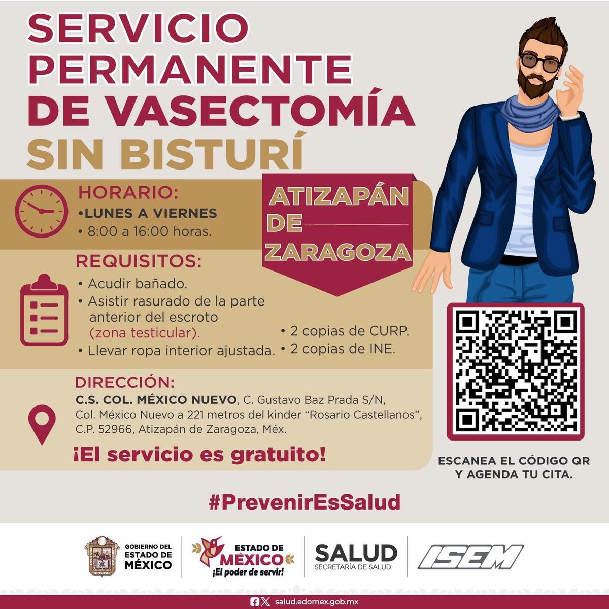El C.S. México Nuevo, de la Jurisdicción Sanitaria Atizapán de Zaragoza te invita al servicio permanente de "Vasectomía sin Bisturí” que se realiza de lunes a viernes. 

📌Consulta los horarios y requisitos
📌Escanea el código QR y agenda tu cita.
¡El servicio es gratuito!