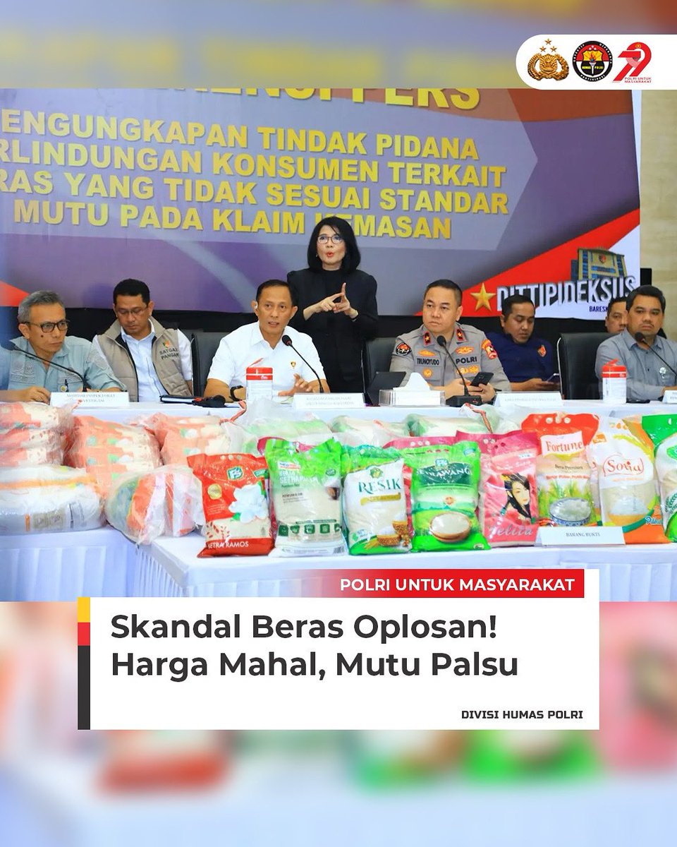 Kasatgas Pangan Polri Brigjen Pol. Helfi Assegaf, S.I.K., M.H., mengungkap bahwa dugaan beras tidak sesuai mutu bermula dari temuan Menteri Pertanian Andi Amran Sulaiman.
. Komitmen Upaya Penegakan Hukum Polri #SiapBerantasKriminalitas