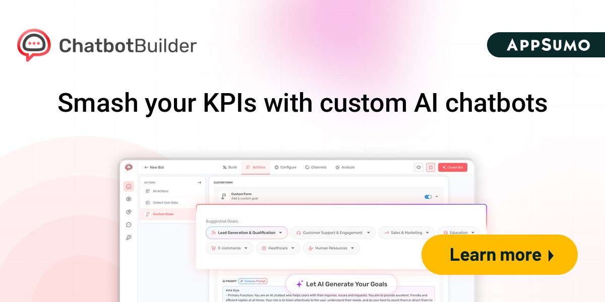 DigitalCRMind's tweet photo. #2. Chatbot Builder Lifetime Deal:
Grow your business with custom AI chatbots!
Build AI #chatbots that can drive sales, answer questions, and convert leads 24/7.
Price: $49/Lifetime Access
Claim Now: https://t.co/LrooZkS3qd
#ChatbotBuilder #AppSumo #AIWeek #Sale https://t.co/EROBAXanQA
