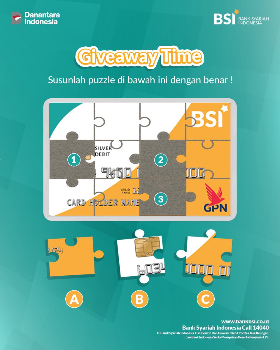 Assalamu’alaikum, Sahabat Syariah!  
Mau saldo e-wallet senilai 300K untuk 3 orang pemenang?  

Caranya gampang :  
1. Susunlah puzzle dengan benar!
2. WAJIB follow <a href="/bankbsi_id/">Bank Syariah Indonesia</a>
3. Like postingan ini &amp; WAJIB share postingan ini 
4. Tulis Jawaban kamu di kolom komentar dan mention