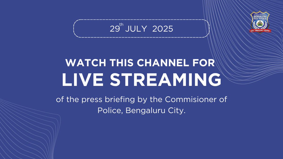 Join us LIVE at 11.15 AM on YouTube as Commissioner of Police, Bengaluru addresses key updates in today's press briefing.

Click the link below:
youtube.com/live/5BiqGm-NA…