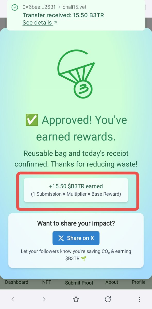 BeautyFree7's tweet image. You earn when you shopping ? π
And get Multiple ππ
Just used my reusable bag & earned 15.50 $B3TR via @_BagSolutions_ πβ»
#VeBetterDAO #EcoBag
Every scan = less waste + less COβ π
Join now at ecobag.solutions