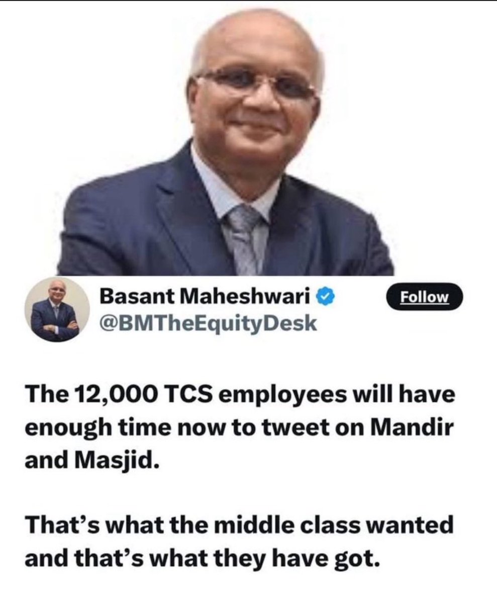 DayashankarMi's tweet image. TCS से निकाले जा रहे 12000 कर्मचारियों पर कारोबारी जगत में चुप्पी है। जो बच जाते हैं, उनको यक़ीन होता है कभी निकाले नहीं जाएंगे।
@BMTheEquityDesk ने मिडिल क्लास की मानसिकता पर ज़रूरी बात कही है। क्या बाक़ी बचे लोग मंदिर- मस्जिद पर ट्वीट करने की जगह खोखली होती अर्थव्यवस्था,…