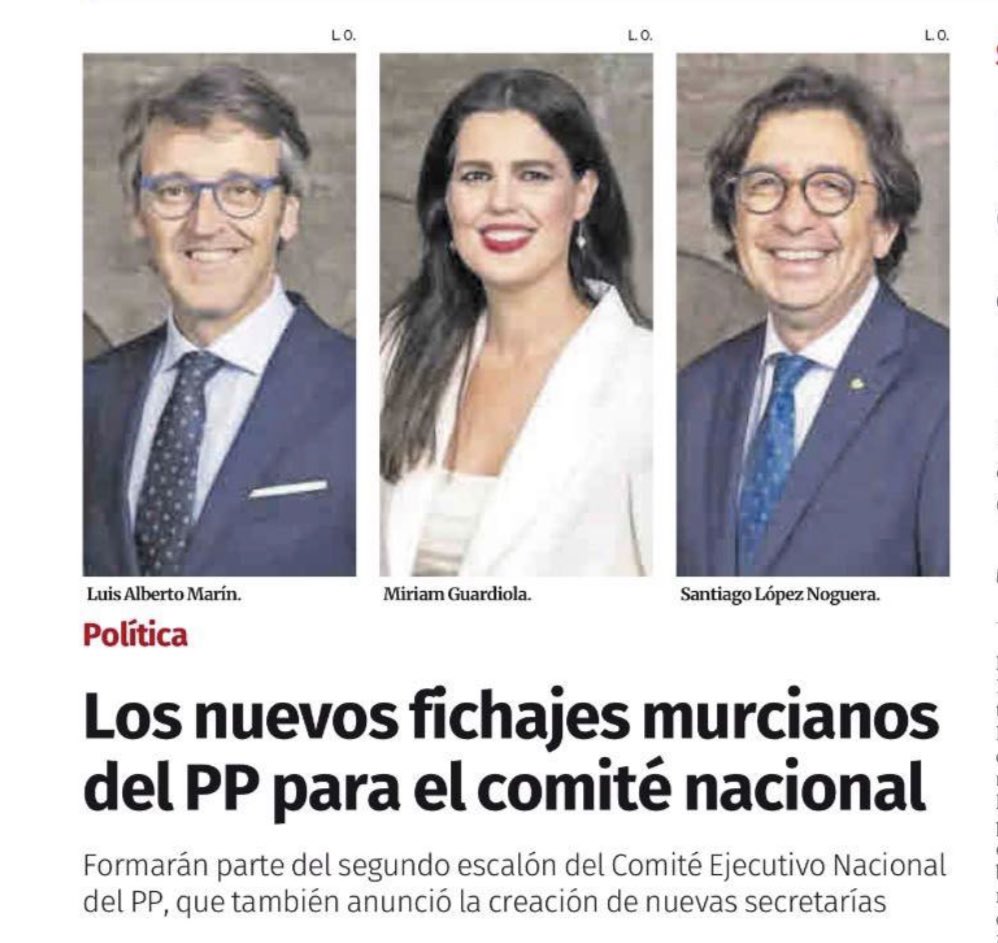 Francisco Bernabé (@bernabepaco) on Twitter photo Tres grandes personas, tres buenos amigos, tres magníficos políticos. Enhorabuena, mis queridos <a href="/luismaringonzal/">Luis Marín</a>, <a href="/miriamguard/">Miriam Guardiola</a> y <a href="/santilopeznogue/">Santiago López Noguera</a>, por vuestras nuevas responsabilidades. Lo vais a hacer de maravilla.
El <a href="/PPRMurcia/">PP Región de Murcia</a> del Presidente <a href="/LopezMirasF/">Fernando López Miras</a> pisa fuerte en Madrid Tres grandes personas, tres buenos amigos, tres magníficos políticos. Enhorabuena, mis queridos <a href="/luismaringonzal/">Luis Marín</a>, <a href="/miriamguard/">Miriam Guardiola</a> y <a href="/santilopeznogue/">Santiago López Noguera</a>, por vuestras nuevas responsabilidades. Lo vais a hacer de maravilla.
El <a href="/PPRMurcia/">PP Región de Murcia</a> del Presidente <a href="/LopezMirasF/">Fernando López Miras</a> pisa fuerte en Madrid